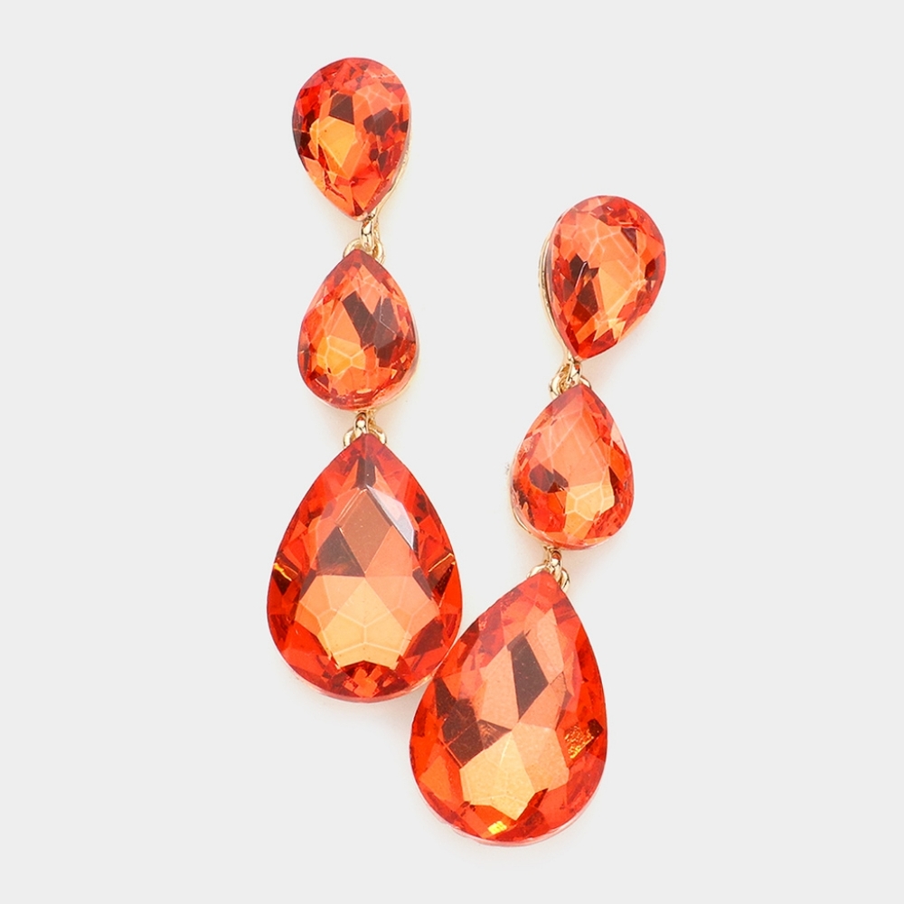Orange Dangle Crystal Earrings 2.75 Inch Triple Tear Drop Jewelry